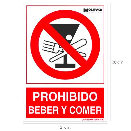 CARTEL PROHIBIDO BEBER Y COMER 21X 30 (ALT.) CM.