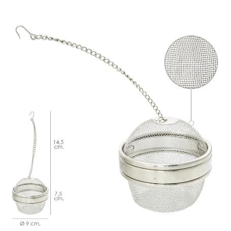 BOLA MALLA PARA ESPECIAS / TE  / LEGUMBRES ACERO INOXIDABLE Ø 9 CM. CON CADENA