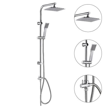 COLUMNA DUCHA UNIVERSAL MULTIFUNCIONAL COMPLETA CUADRADA, ACERO INOXIDABLE, ROCIADOR ALCACHOFA EFECTO LLUVIA 22,5X2
