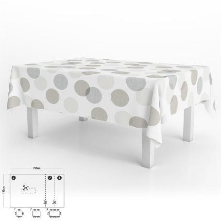 MANTEL HULE RECTANGULAR CIRCULOS BEIGE IMPERMEABLE ANTIMANCHAS PVC 140X250 CM.  RECORTABLE USO INTERIOR Y EXTERIOR