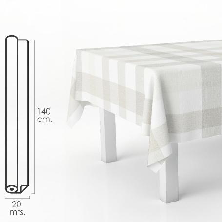 MANTEL HULE RECTANGULAR CUADROS BEIS. IMPERMEABLE ANTIMANCHAS PVC 140 CM. X 20 METROS. ROLLO RECORTABLE. INTERIOR Y