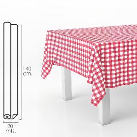 MANTEL HULE RECTANGULAR CUADROS ROJOS. IMPERMEABLE ANTIMANCHAS PVC 140 CM. X 20 METROS. ROLLO RECORTABLE. INTERIOR 