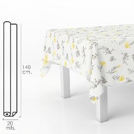 MANTEL HULE RECTANGULAR FLORES AMARILLAS. IMPERMEABLE ANTIMANCHAS PVC 140 CM. X 20 METROS. ROLLO RECORTABLE. INTERI