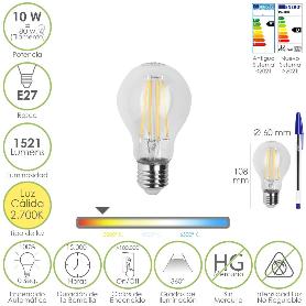 BOMBILLA LED FILAMENTO STANDAR ROSCA E27. 10 WATT. EQUIVALE A 80 WATT. 1521 LUMENES. LUZ CALIDA 2700º K.