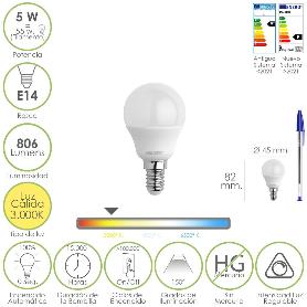 BOMBILLA LED ESFERICA ROSCA E14. 5 WATT. EQUIVALE A 55 WATT. 806 LUMENES. REGULABLE LUZ CÁLIDA (3000º K.)
