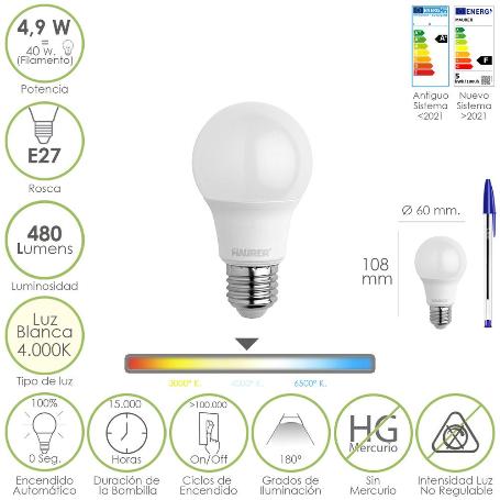 BOMBILLA LED ESTANDAR ROSCA E27. 4.9 WATT. EQUIVALE A 40 WATT. 480 LUMENES. LUZ BLANCA (4000º K.)