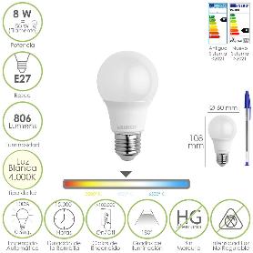BOMBILLA LED ESTANDAR ROSCA E27. 8 WATT. EQUIVALE A 65 WATT. 806 LUMENES. LUZ NEUTRA (4000º K.)