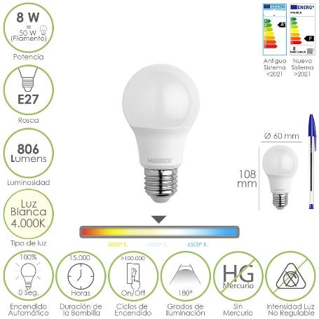 BOMBILLA LED ESTANDAR ROSCA E27. 8 WATT. EQUIVALE A 65 WATT. 806 LUMENES. LUZ NEUTRA (4000º K.)