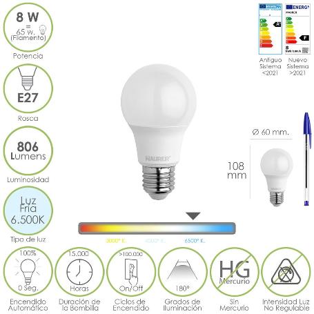 BOMBILLA LED ESTANDAR ROSCA E27. 8 WATT. EQUIVALE A 65 WATT. 806 LUMENES. LUZ FRÍA (6500º K.)