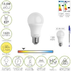 BOMBILLA LED ESTANDAR ROSCA E27. 13,5 WATT. EQUIVALE A 100 WATT. 1521 LUMENES. LUZ CALIDA (3000º K.)