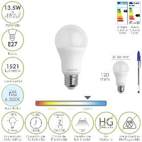 BOMBILLA LED ESTANDAR ROSCA E27. 13,5 WATT. EQUIVALE A 100 WATT. 1521 LUMENES. LUZ FRÍA (6500º K.)