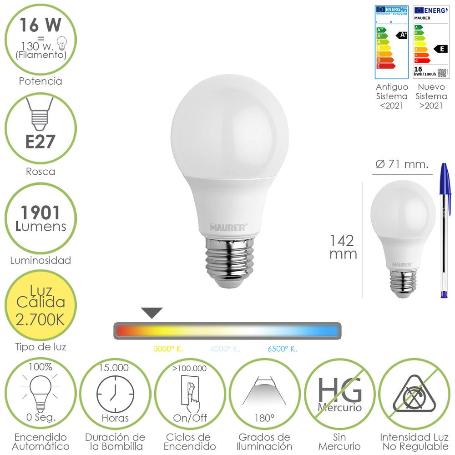 BOMBILLA LED ESTANDAR ROSCA E27. 16 WATT. EQUIVALE A 130 WATT. 1901 LUMENES. LUZ CALIDA 2.700º K.