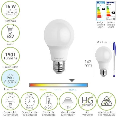 BOMBILLA LED ESTANDAR ROSCA E27. 16 WATT. EQUIVALE A 130 WATT. 1901 LUMENES. LUZ FRÍA 6500º K.)