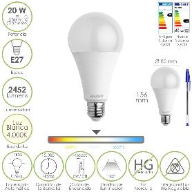 BOMBILLA LED ESTANDAR ROSCA E27. 20  WATT. EQUIVALE A 150 WATT. 2452 LUMENES. LUZ NEUTRA (4000º K.)