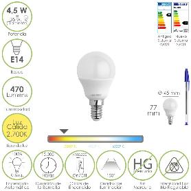 BOMBILLA LED ESFERICA ROSCA E14 4.5 WATT. EQUIVALE A 35 WATT. 470 LUMENES. LUZ CÁLIDA (00º K)