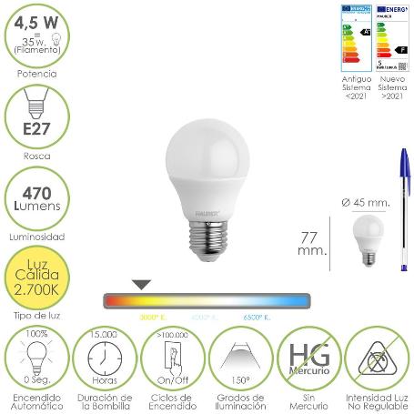 BOMBILLA LED ESFERICA ROSCA E27 4.5 WATT. EQUIVALE A 55 WATT. 470 LUMENES. LUZ CÁLIDA (2700º K.)