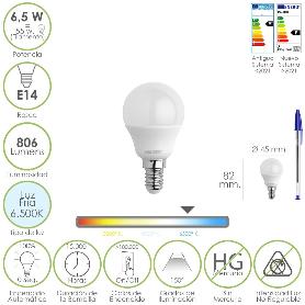 BOMBILLA LED ESFERA ROSCA E14. 6.5 WATT. EQUIVALE A 55 WATT. 806 LUMENES. LUZ FRÍA 6500º K.