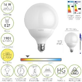 BOMBILLA LED GLOBO ROSCA E27. 16 WATT. EQUIVALE A 130 WATT. 1901 LUMENES. LUZ CÁLIDA (2700º K.)