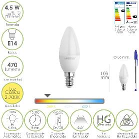 BOMBILLA LED VELA ROSCA E14. 4,5 WATT. EQUIVALE A 35 WATT. 470 LUMENES. LUZ CÁLIDA (2700º K)