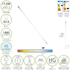 TUBO LED T8 120 CM.17,5 WATT. EQUIVALE A 130 WATT. 1800 LUMENES. LUZ FRIA 6500º K.