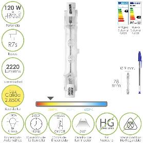 BOMBILLA HALOGENA PARA FOCOS ROSCA R7S. 120 WATT. 2220 LUMENES. LUZ CÁLIDA (2850º K)