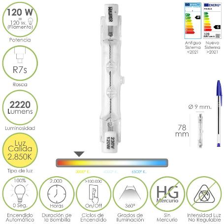 BOMBILLA HALOGENA PARA FOCOS ROSCA R7S. 120 WATT. 2220 LUMENES. LUZ CÁLIDA (2850º K)