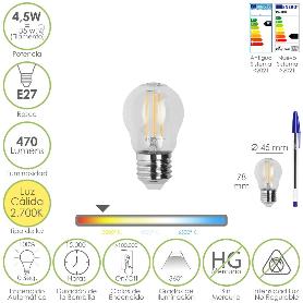 BOMBILLA LED FILAMENTO ESFERA ROSCA E27. 4,5 WATT. EQUIVALE A 35 WATT. 470 LUMENES. LUZ CALIDA 2700º K.