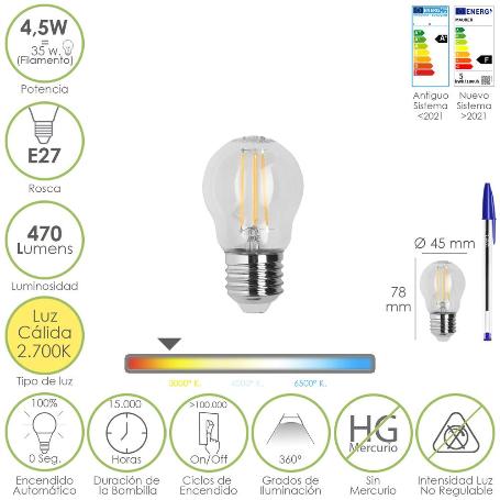 BOMBILLA LED FILAMENTO ESFERA ROSCA E27. 4,5 WATT. EQUIVALE A 35 WATT. 470 LUMENES. LUZ CALIDA 2700º K.