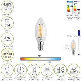 BOMBILLA LED FILAMENTO VELA ROSCA E14. 4,5 WATT. EQUIVALE A 35 WATT. 470 LUMENES. LUZ NEUTRA 4000º K.
