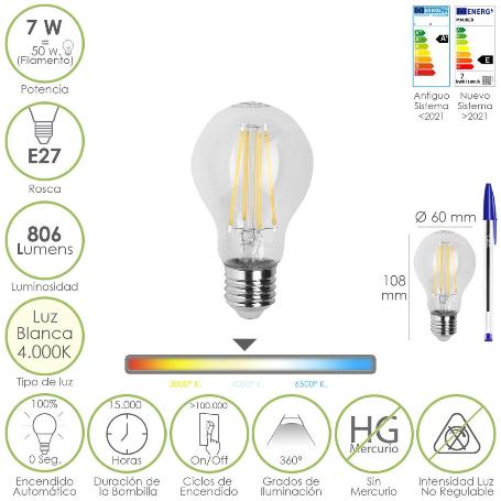 BOMBILLA LED FILAMENTO STANDAR ROSCA E27. 7 WATT. EQUIVALE A 50 WATT. 806 LUMENES. LUZ NEUTRA 4000º K.