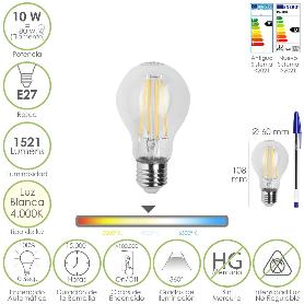 BOMBILLA LED FILAMENTO STANDAR ROSCA E27. 10 WATT. EQUIVALE A 80 WATT. 1521 LUMENES. LUZ NEUTRA 4000º K.