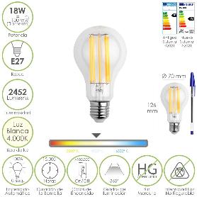 BOMBILLA LED FILAMENTO STANDAR ROSCA E27. 18 WATT. EQUIVALE A 130 WATT. 2462 LUMENES. LUZ NEUTRA 4000º K.