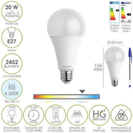 BOMBILLA LED ESTANDAR ROSCA E27. 20  WATT. EQUIVALE A 150 WATT. 2452 LUMENES. LUZ FRIA (6500º K.)