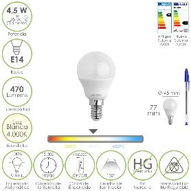 BOMBILLA LED ESFERICA ROSCA E14 4.5 WATT. EQUIVALE A 35 WATT. 470 LUMENES. LUZ NEUTRA (4000º K)