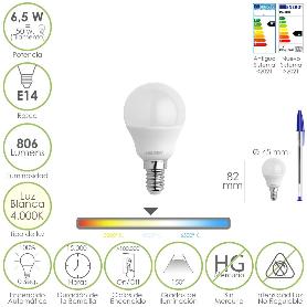 BOMBILLA LED ESFERA ROSCA E14. 6.5 WATT. EQUIVALE A 50 WATT. 806 LUMENES. LUZ NEUTRA 4000º K.