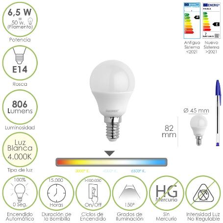 BOMBILLA LED ESFERA ROSCA E14. 6.5 WATT. EQUIVALE A 50 WATT. 806 LUMENES. LUZ NEUTRA 4000º K.