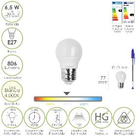 BOMBILLA LED ESFERA ROSCA E27. 6.5 WATT. EQUIVALE A 50 WATT. 806 LUMENES. LUZ NEUTRA 4000º K.
