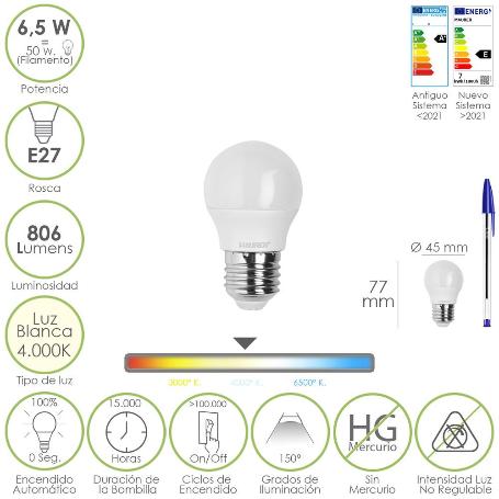 BOMBILLA LED ESFERA ROSCA E27. 6.5 WATT. EQUIVALE A 50 WATT. 806 LUMENES. LUZ NEUTRA 4000º K.