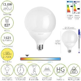 BOMBILLA LED ESFERA GLOBO E27. 13,5 WATT. EQUIVALE A 100 WATT. 1521 LUMENES. LUZ CALIDA 3000º K.