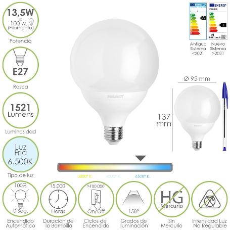 BOMBILLA LED ESFERA GLOBO E27. 13,5 WATT. EQUIVALE A 100 WATT. 1521 LUMENES. LUZ FRIA 6500º K.