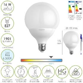 BOMBILLA LED GLOBO ROSCA E27. 16 WATT. EQUIVALE A 130 WATT. 1901 LUMENES. LUZ FRIA 6500º K.