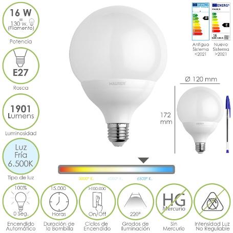 BOMBILLA LED GLOBO ROSCA E27. 16 WATT. EQUIVALE A 130 WATT. 1901 LUMENES. LUZ FRIA 6500º K.