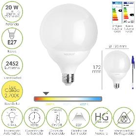 BOMBILLA LED GLOBO E27. 20 WATT. EQUIVALE A 150 WATT. 2452 LUMENES. LUZ CALIDA 2700º K.