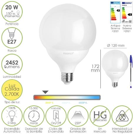BOMBILLA LED GLOBO E27. 20 WATT. EQUIVALE A 150 WATT. 2452 LUMENES. LUZ CALIDA 2700º K.