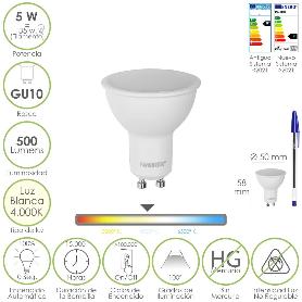 BOMBILLA LED DICROICA ROSCA GU10. 5 WATT. EQUIVALE A 35 WATT. 500 LUMENES. LUZ NEUTRA 4000º K