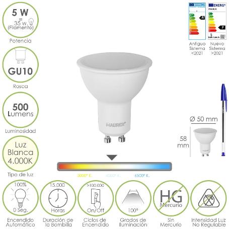 BOMBILLA LED DICROICA ROSCA GU10. 5 WATT. EQUIVALE A 35 WATT. 500 LUMENES. LUZ NEUTRA 4000º K