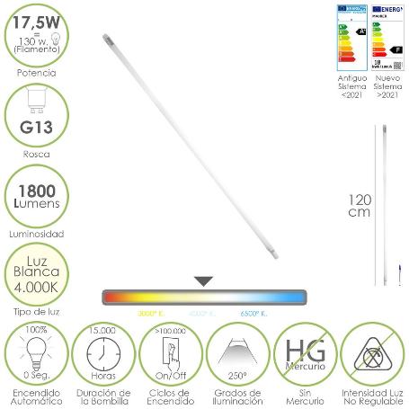 TUBO LED T8 120 CM.17,5 WATT. EQUIVALE A 130 WATT. 1800 LUMENES. LUZ NEUTRA 4000º K.