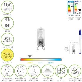 BOMBILLA HALOGENA G-9. 18 W. 205 LUMENES. LUZ CÁLIDA (3.000º K)
