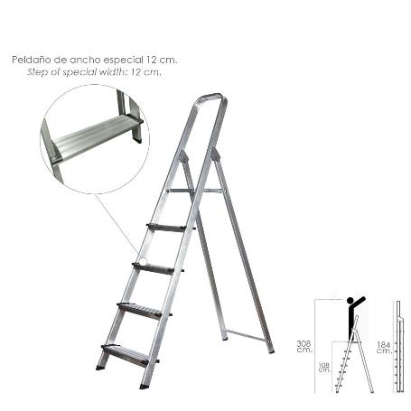 ESCALERA DOMÉSTICA ALUMINIO 5 PELDAÑOS 12 CM GROSOR.