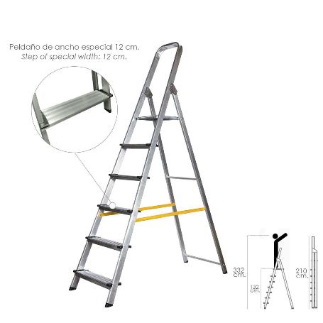ESCALERA DOMÉSTICA ALUMINIO 6 PELDAÑOS 12 CM GROSOR.
